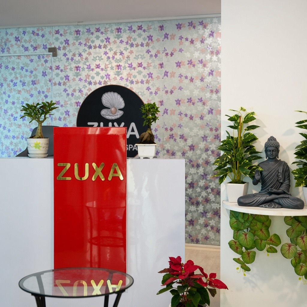 Interior reception of Zuxa Beauty Spa in Banjara Hills, Hyderabad.