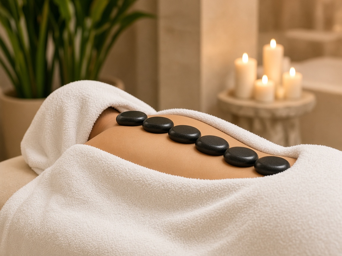 Hot stone massage therapy at Zuxa Beauty Spa for deep relaxation.