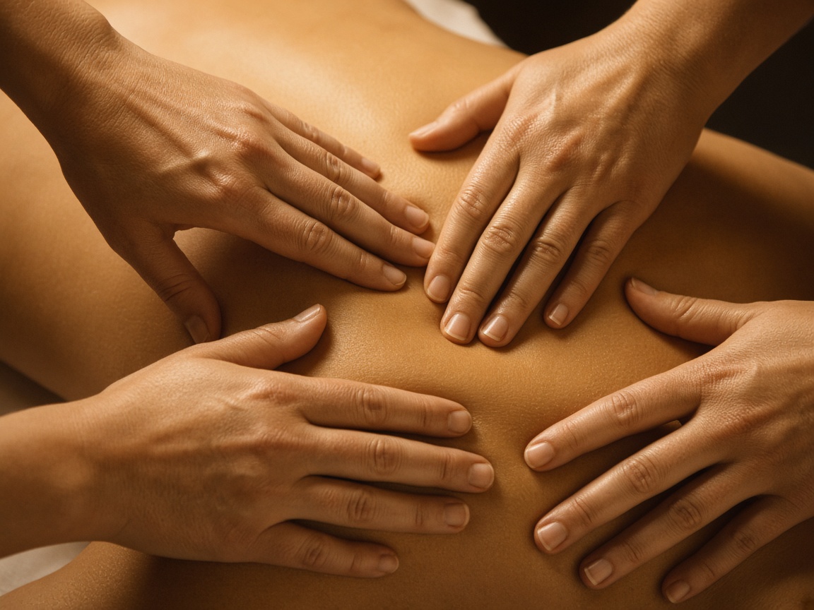Four hands massage by two professional therapists at Zuxa Beauty Spa.